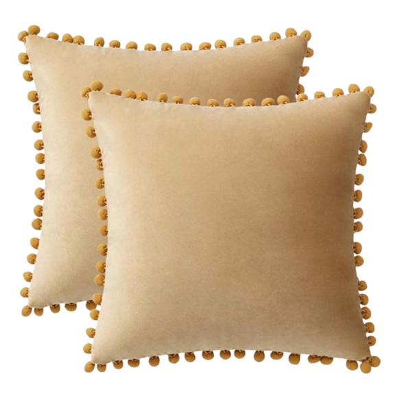 Luxury Home | Golden Khaki Soft Velvet Pom Pom Trim Throw Pillow Covers - Picture 3 of 8
